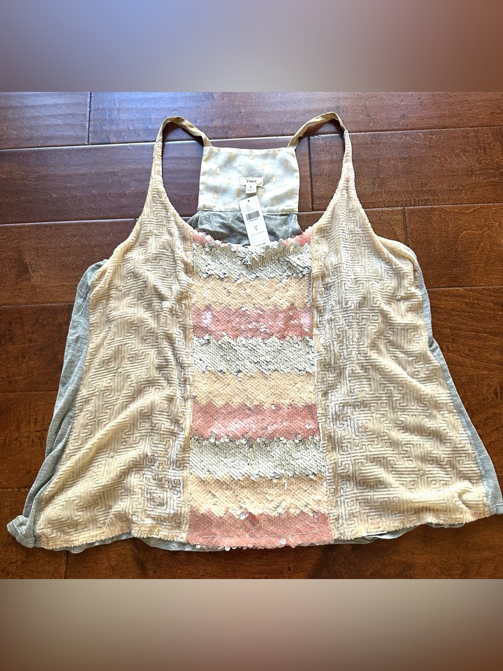 Anthropologie Tiny NWT Sequin Tank Top Gray Pink Cream Textured Knit Size L